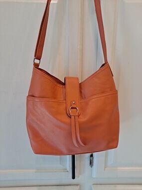 Salmon Shoulder Faux Leather Bag  w/Gold Accented Buckle Strap Slouchy Hobo